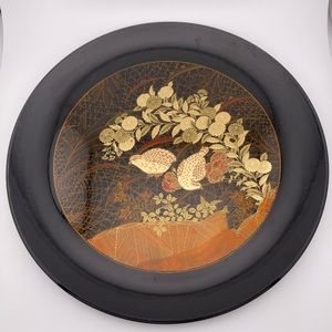 Vintage, Lacquerware Hand Painted Gold Quails Round Serving Tray by Otagiri